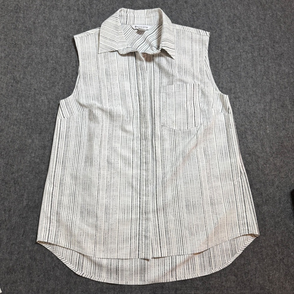 Athleta Womens Small White Black Striped Sleeveless Button Down Shirt Pocket